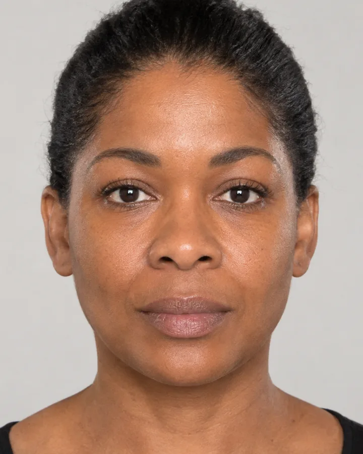 AI-generated example portrait, not a real person: a woman in her forties