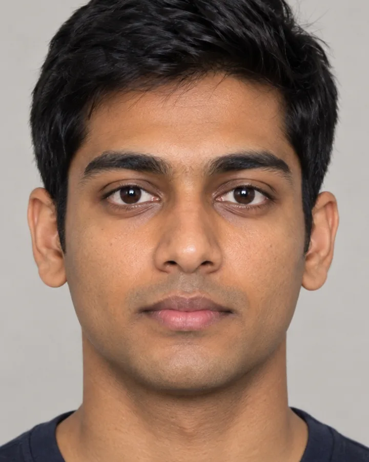 AI-generated example portrait, not a real person: a man in his twenties