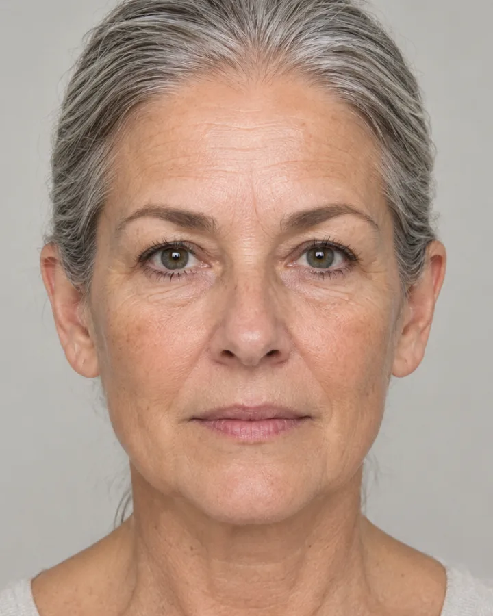 AI-generated example portrait, not a real person: a woman in her sixties