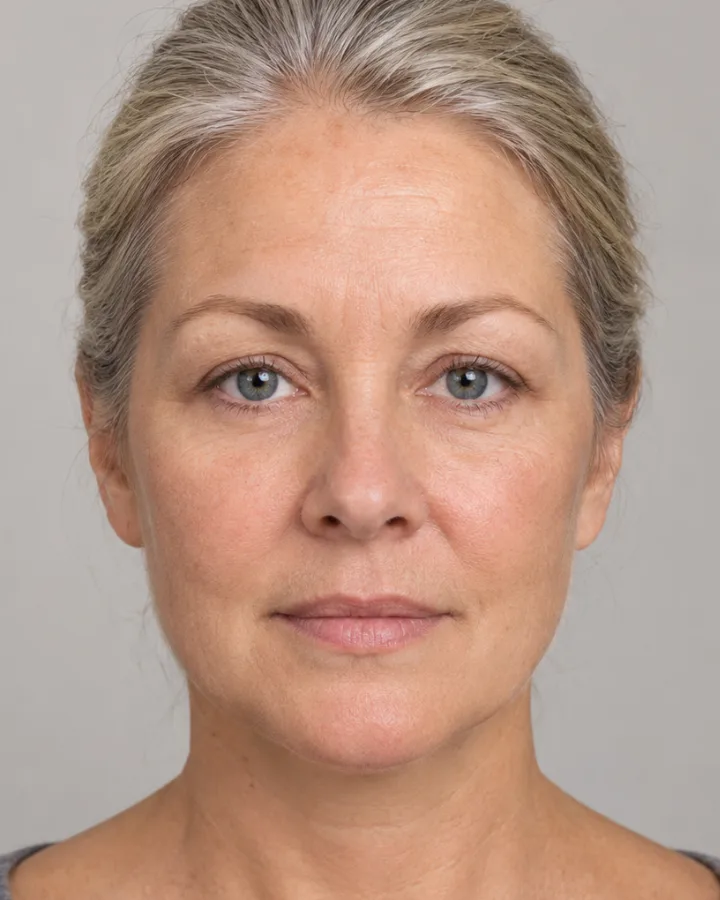 AI generated face of a woman in her fifties with grey-blonde hair tied back, placed on the hunter to prey scale