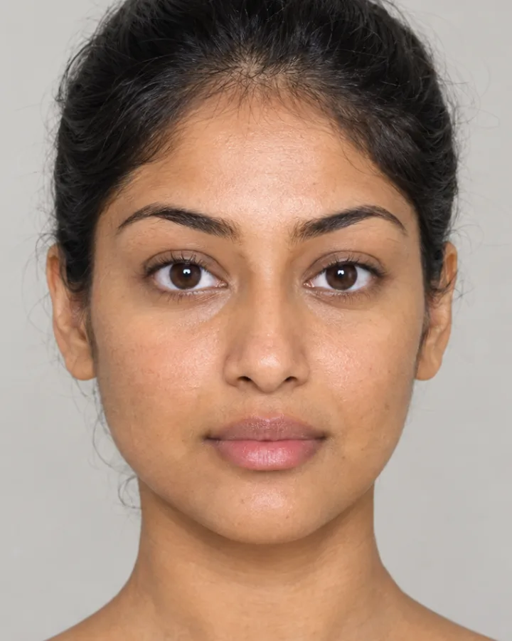 AI generated face of a woman in her twenties with dark hair in a bun, placed on the hunter to prey scale