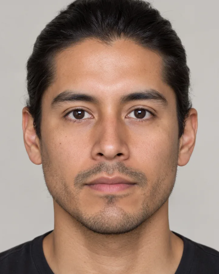 AI generated face of a man in his thirties with short dark hair, placed on the hunter to prey scale
