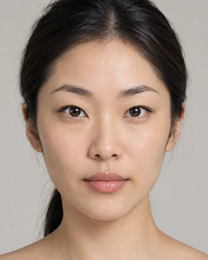 AI generated face of a woman in her thirties with dark hair in a low ponytail, placed on the hunter to prey scale
