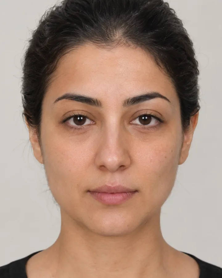 AI generated face of a woman in her thirties with dark hair pulled back, placed on the hunter to prey scale