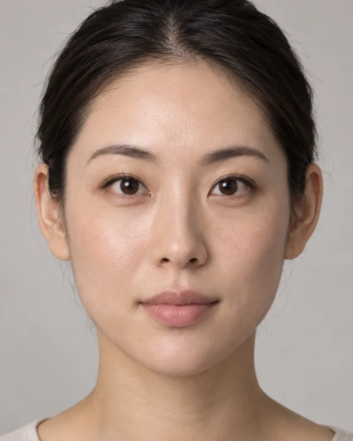 AI-generated example portrait: a woman in her thirties, dark hair pulled back, measured heart