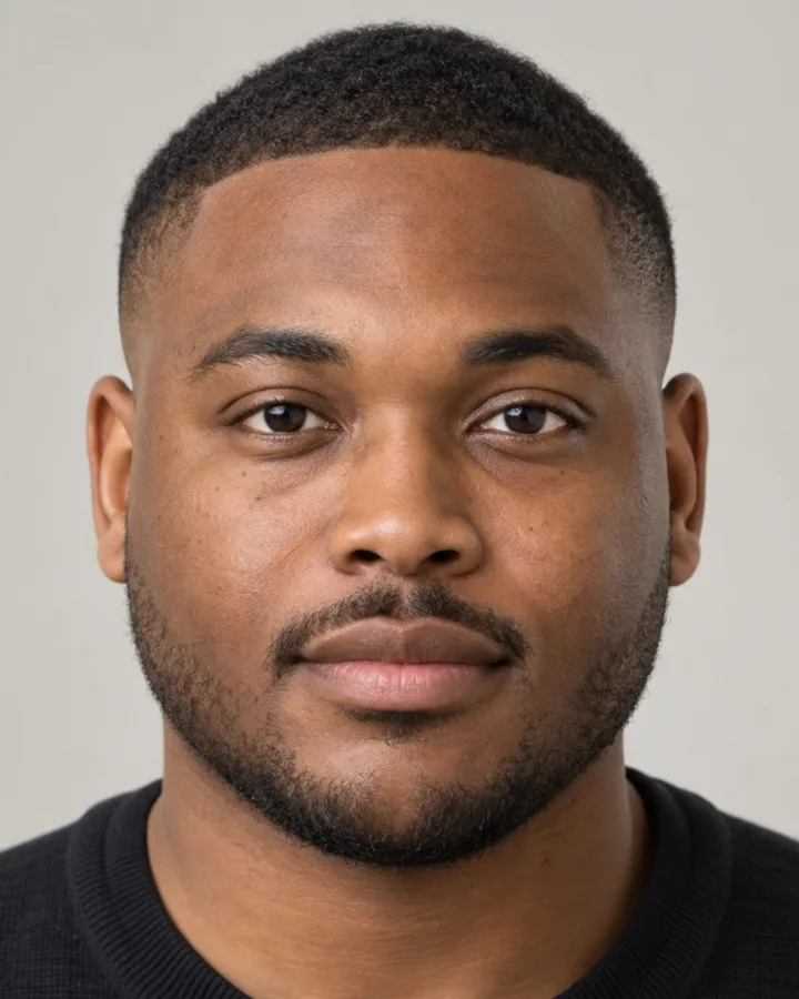 AI generated face of a man in his thirties, short hair, measured for nose shape