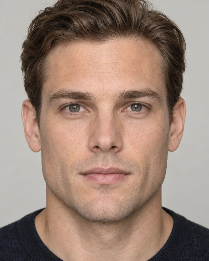 AI-generated example portrait: a man in his thirties, clean-shaven, measured oval