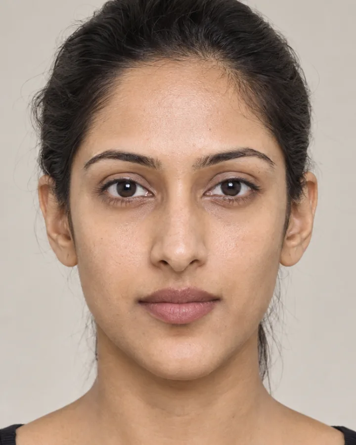 AI generated face of a woman in her thirties, long dark hair, measured for nose shape