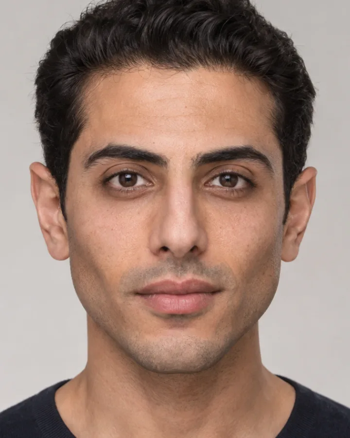 AI-generated example portrait: a man in his thirties, short dark hair, measured oval