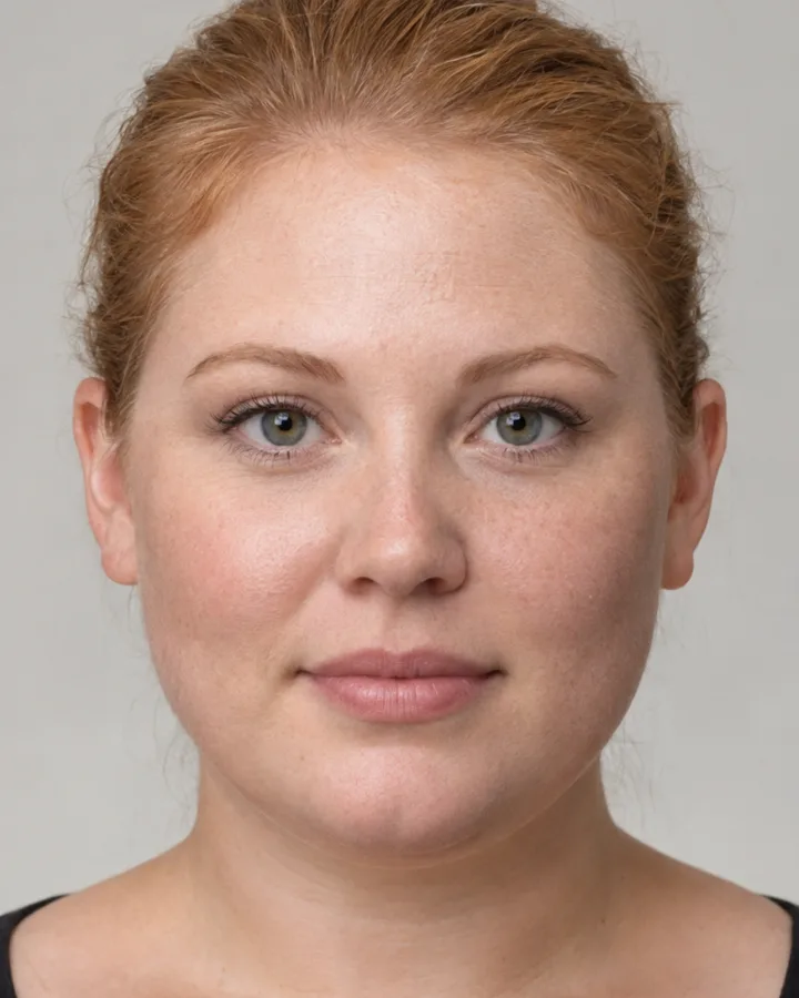 AI-generated example portrait: a woman in her thirties, light hair pulled back, measured round
