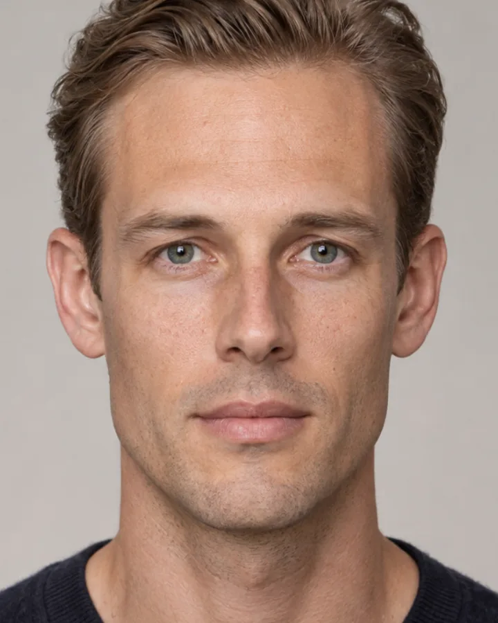 AI generated face of a man in his thirties, side-parted hair, measured for nose shape