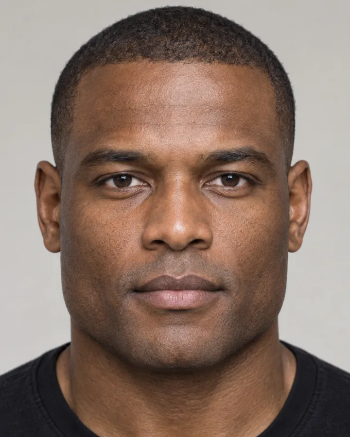 AI-generated example portrait: an adult, measured square
